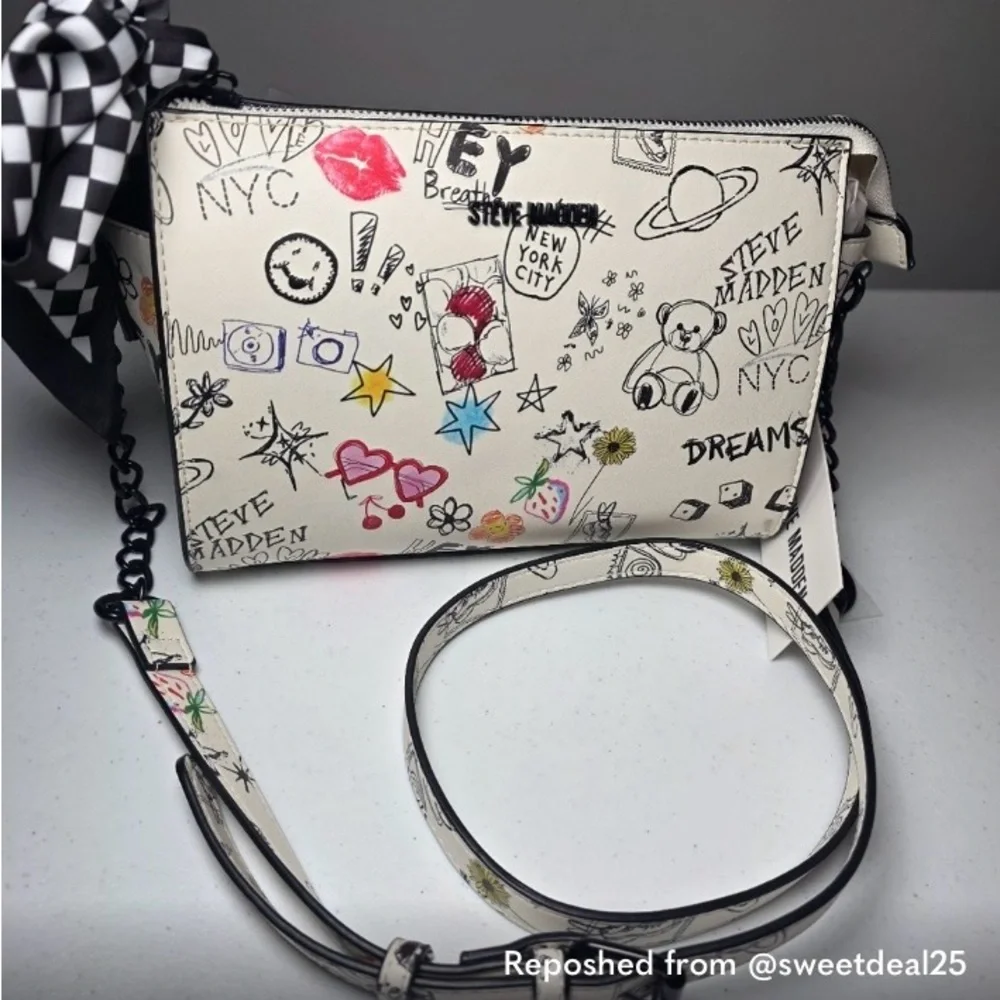 Steve Madden White Crossbody Bag with Multicolor Doodle Grafitte Print - Picture 1 of 8
